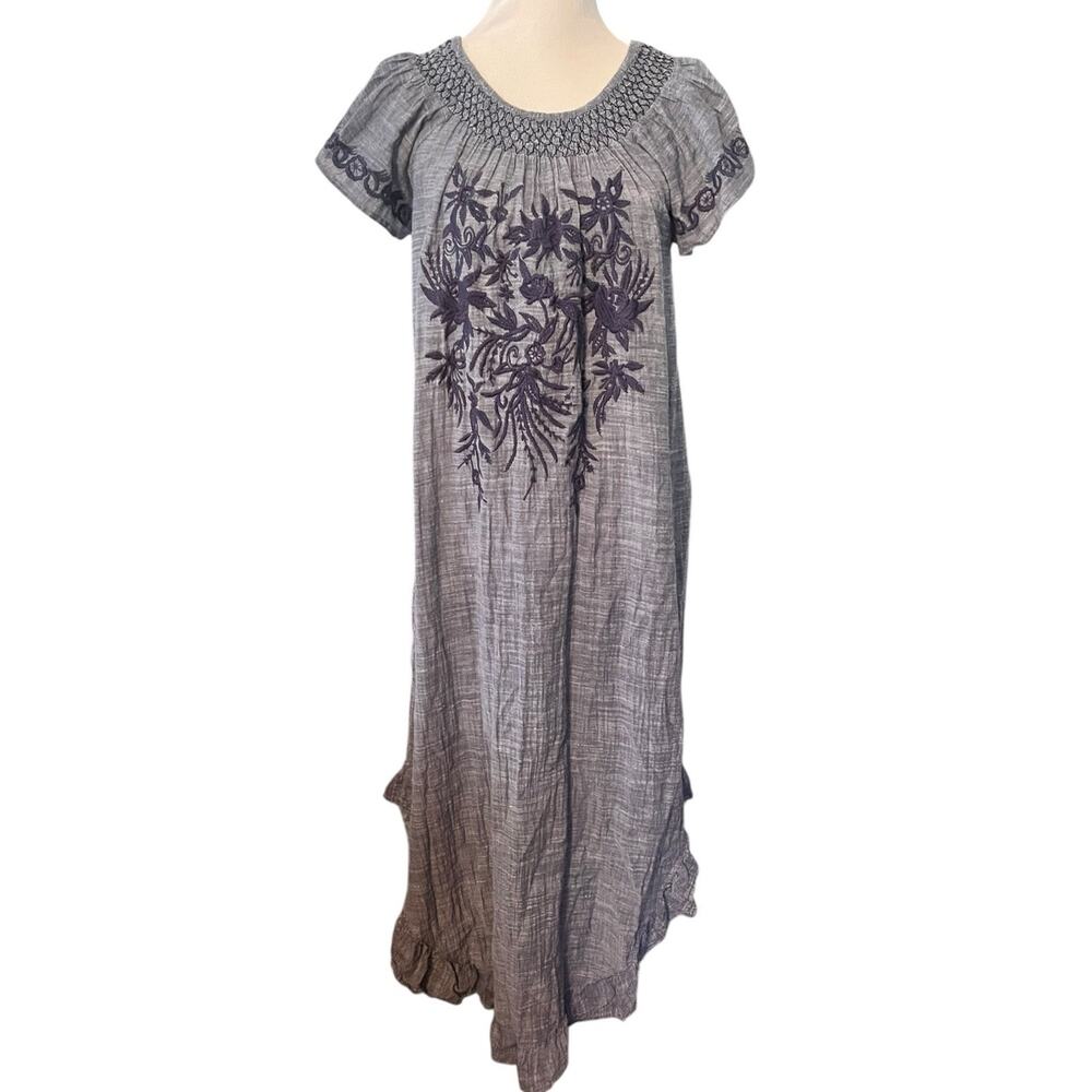 Kyla Seo Midi Dress Embroidered •XS• Indigo Blue Short Sleeve Smocking